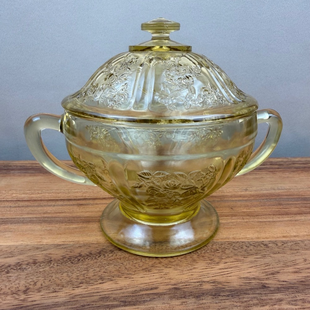 Federal Glass Cabbage Rose Amber Yellow Depression Glass Sugar Bowl with Lid